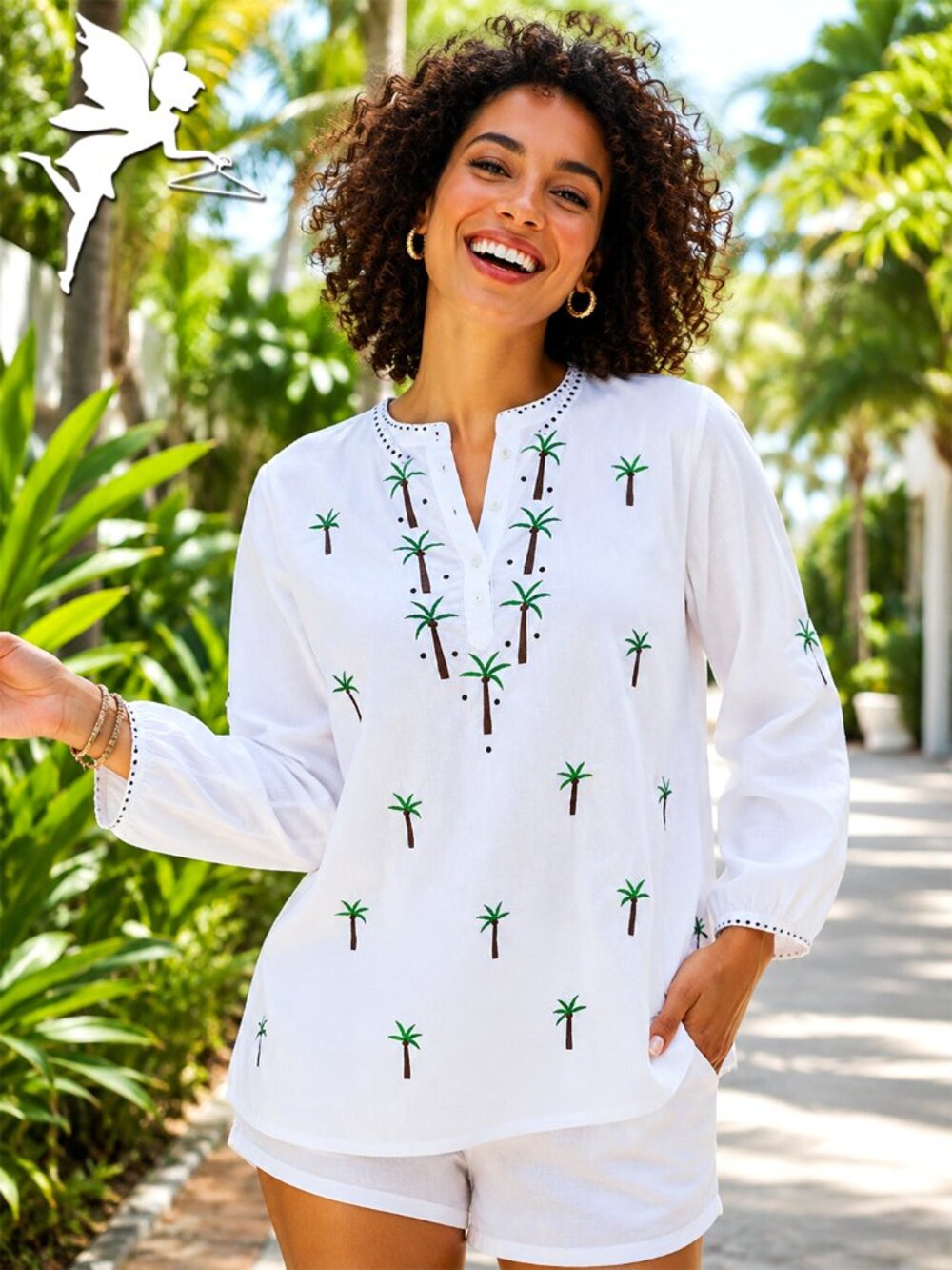 THE BAREFOOT MONKEY Embroidered Palm Tree Popover Top